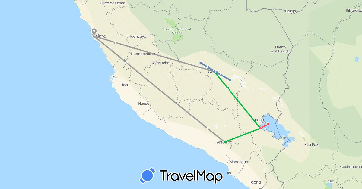 TravelMap itinerary: driving, bus, plane, cycling, hiking in Peru (South America)